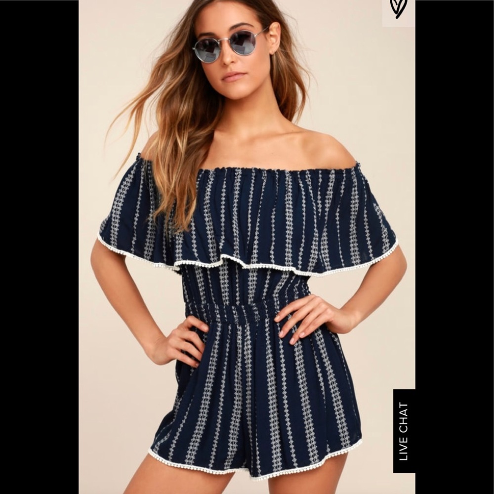 Lulu’s See Ya There Blue Print Off the Shoulder Romper - Medium